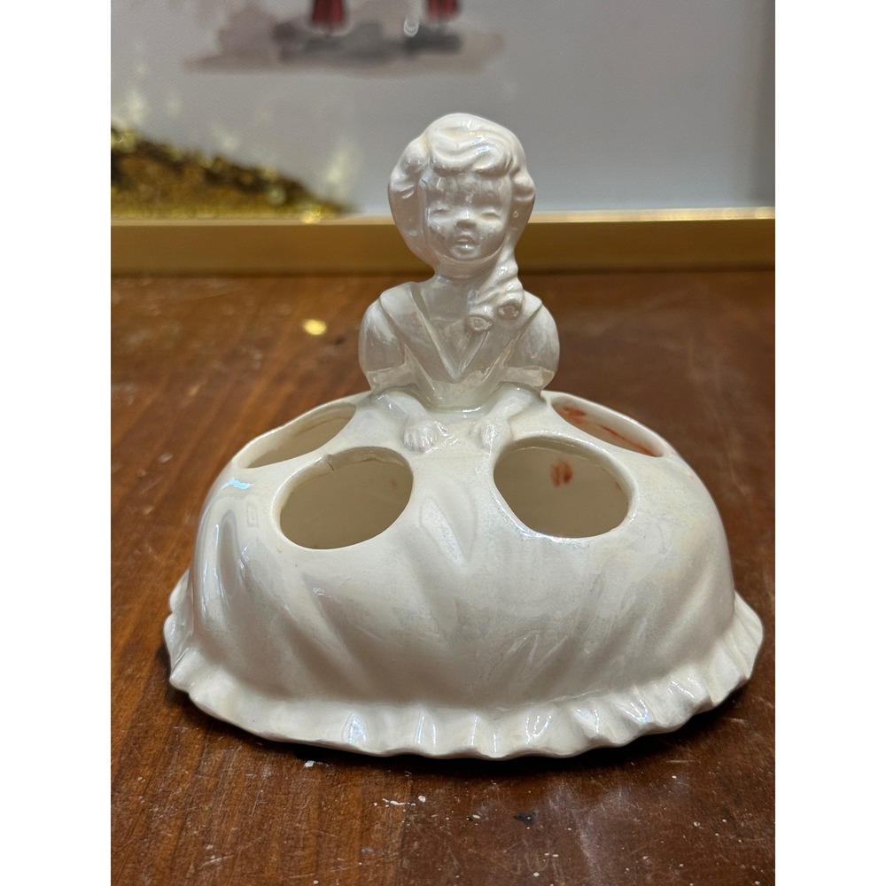 Vintage Iridescent Ceramic Girl Lipstick Holder Victorian Figurine Vanity Decor